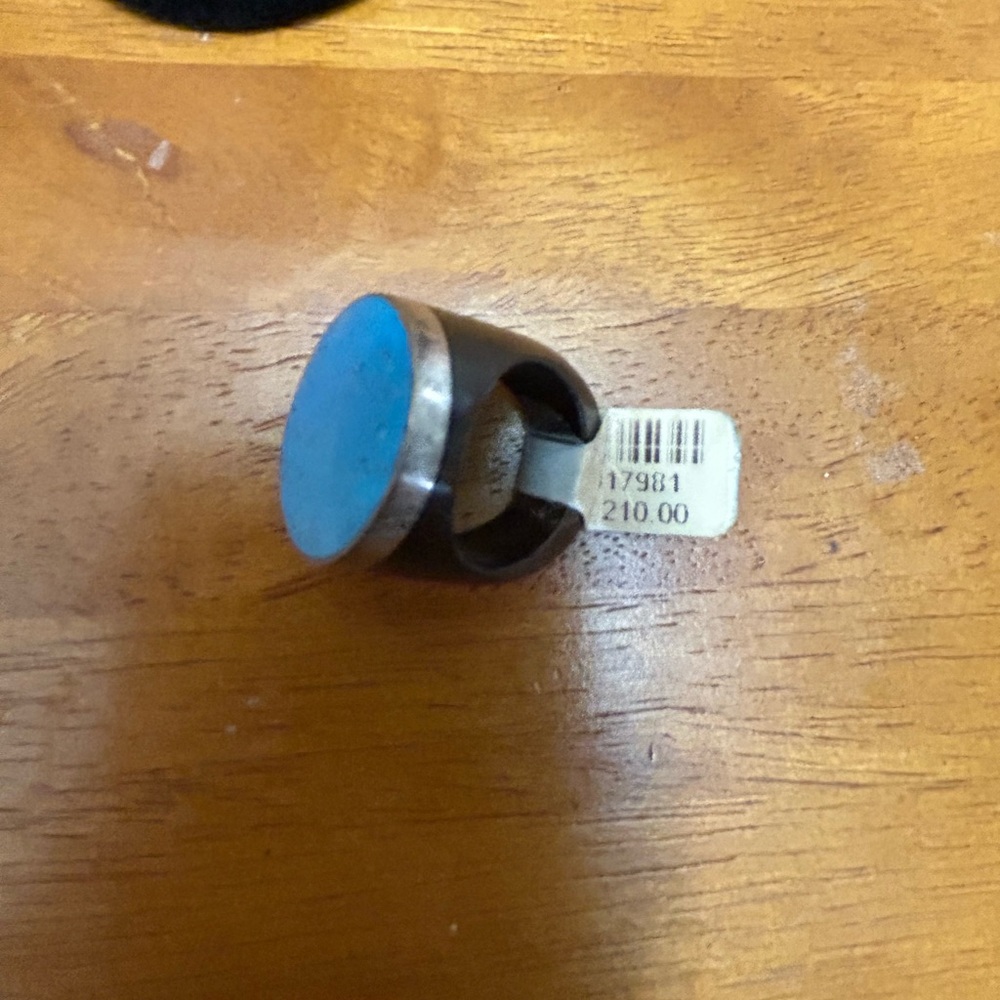 Unique and substantial turquoise, silver wood ring size 6 or seven